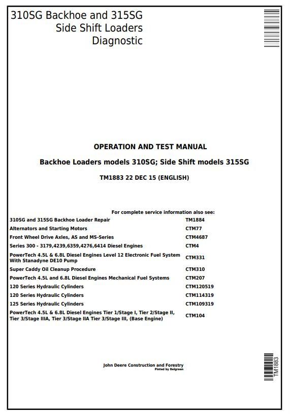 John Deere 310SG 315SG Side Shift Backhoe Loaders Diagnostic Operation Test Manual TM1883