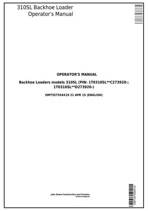 John Deere 310SL Backhoe Loader Operator Manual OMT357554X19