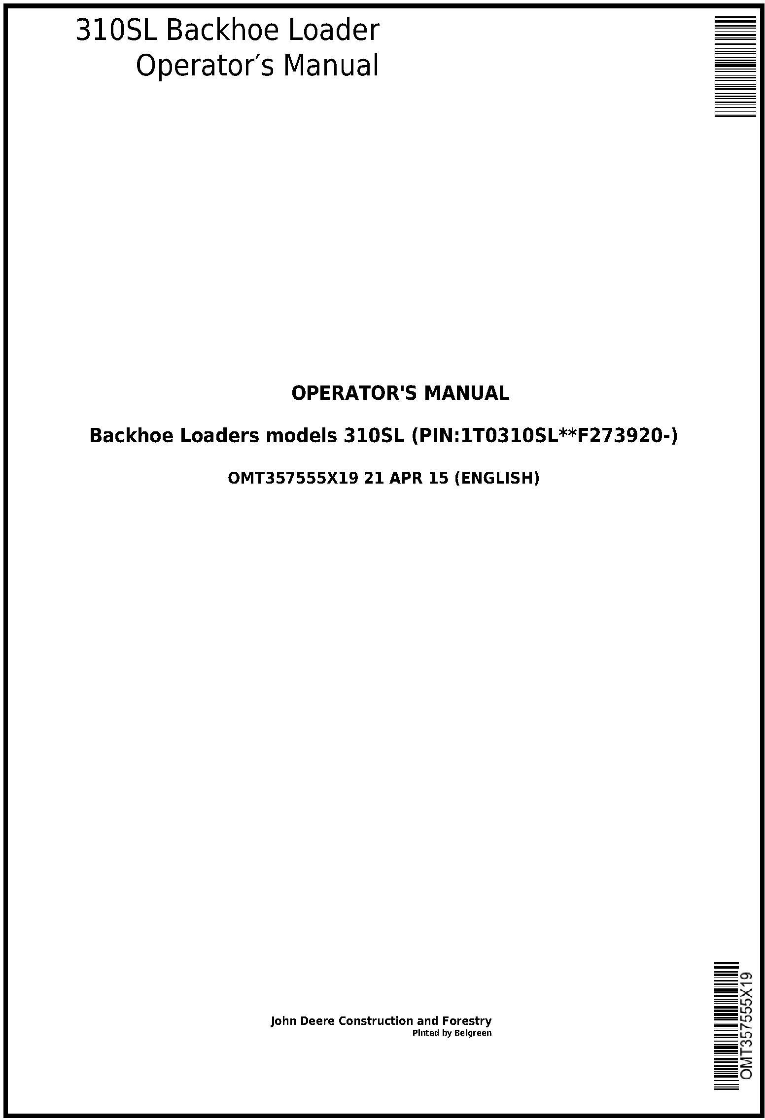 John Deere 310SL Backhoe Loader Operator Manual OMT357555X19