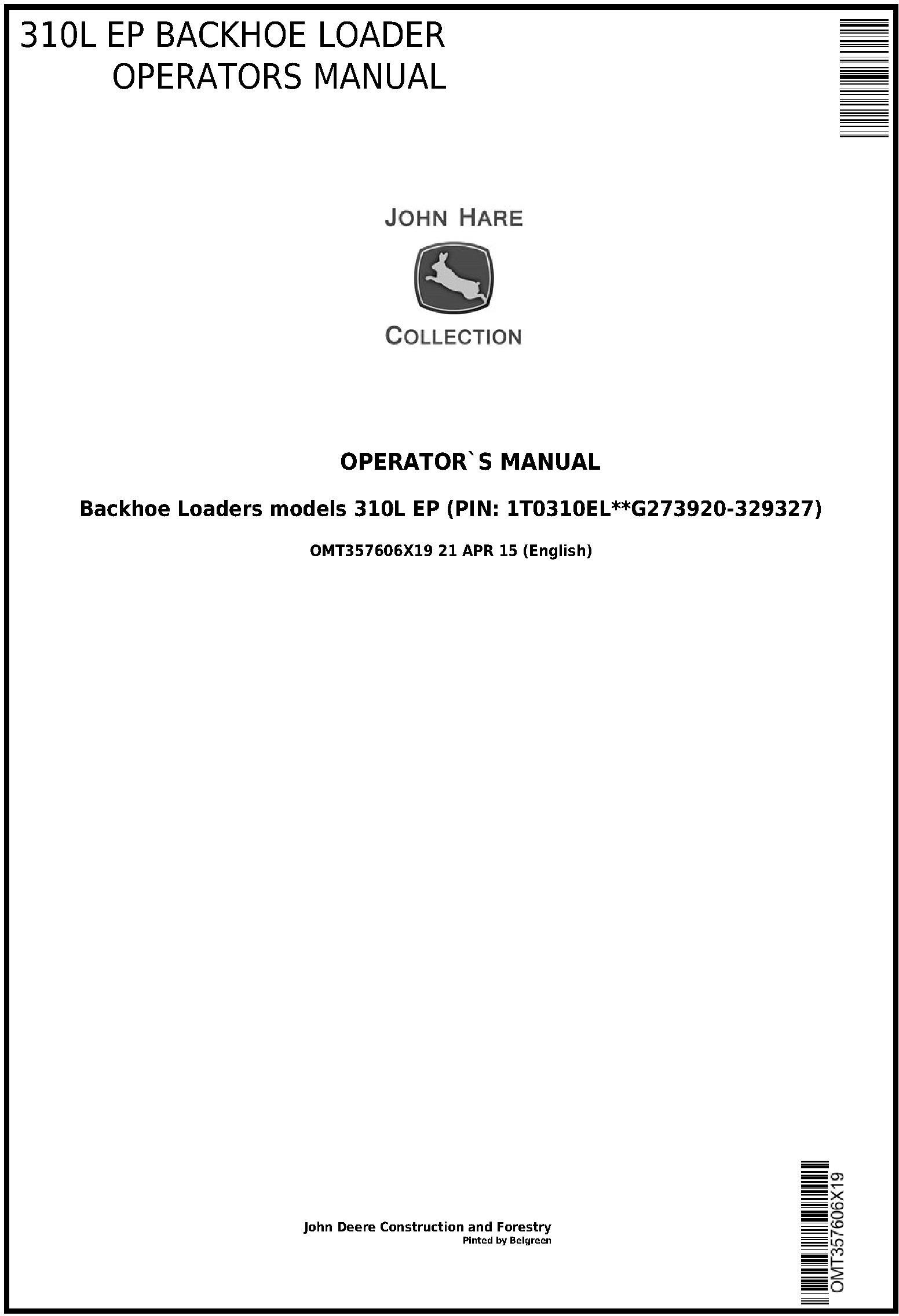 John Deere 310SL Backhoe Loader Operator Manual OMT357606X19