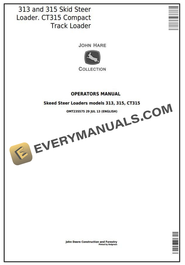 John Deere 313 315 CT315 Skid Steer Loader Operator Manual OMT235575