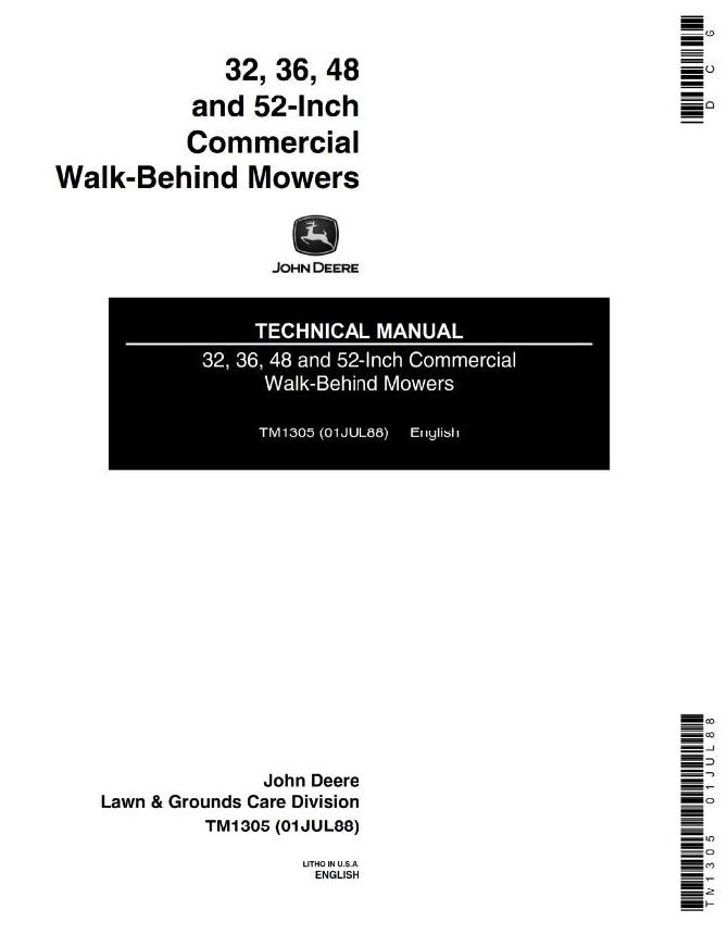 John Deere 32 36 48 52 inch Commercial Walk-Behind Mowers Technical Manual TM1305
