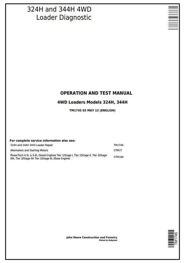 John Deere 324H 344H 4WD Loader Diagnostic Operation Test Manual TM1745