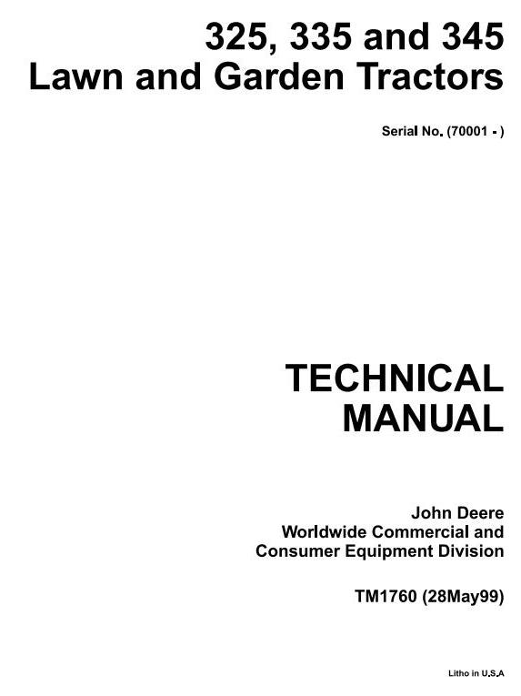 John Deere 325 345 335 Lawn Garden Tractor Technical Manual TM1760