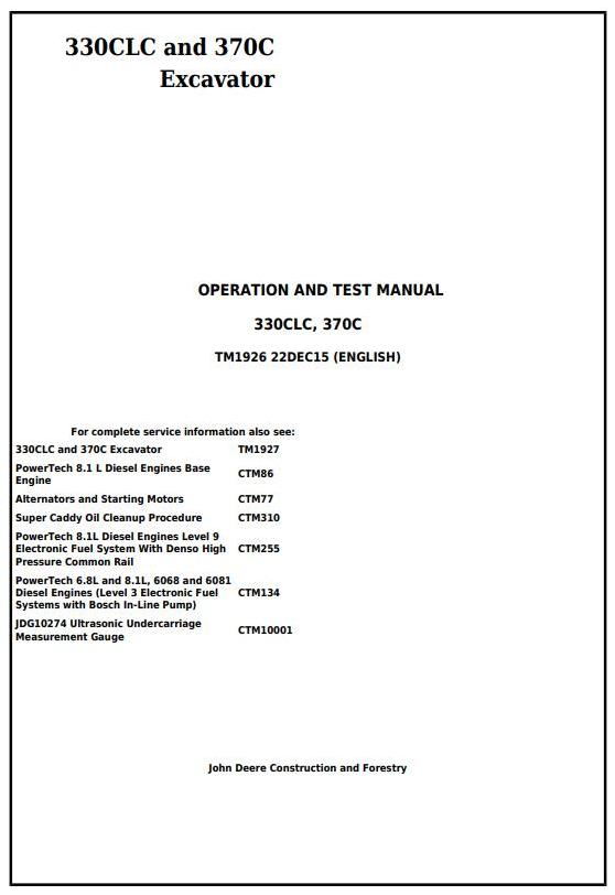 John Deere 330CLC 370C Excavator Operation Test Manual TM1926