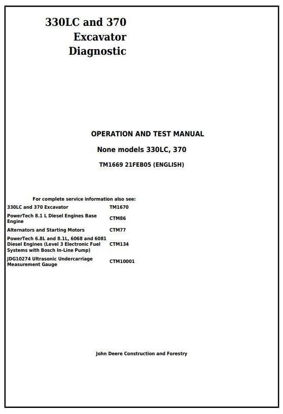 John Deere 330LC 370 Excavator Diagnostic Operation Test Manual TM1669