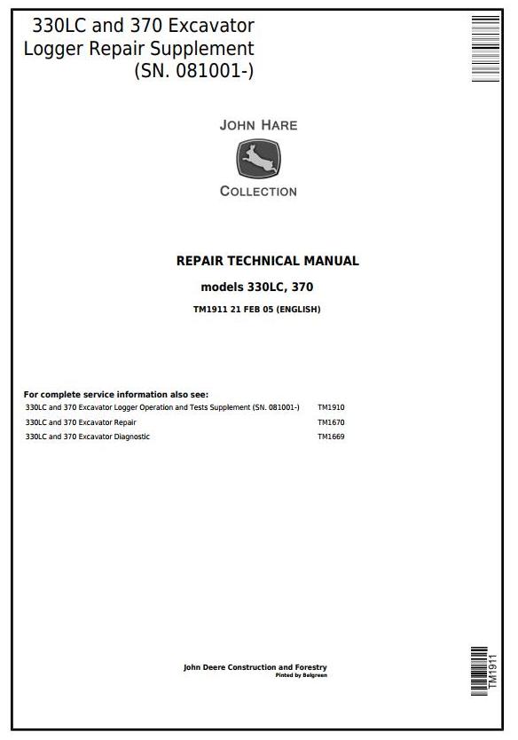 John Deere 330LC 370 Excavator Logger Repair Technical Manual Supplement TM1911
