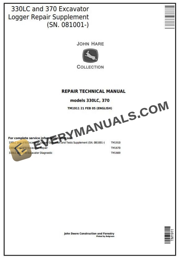 John Deere 330LC 370 Excavator Logger Repair Technical Manual Supplement TM1911