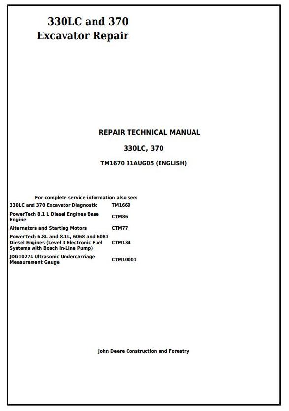 John Deere 330LC 370 Excavator Repair Technical Manual TM1670