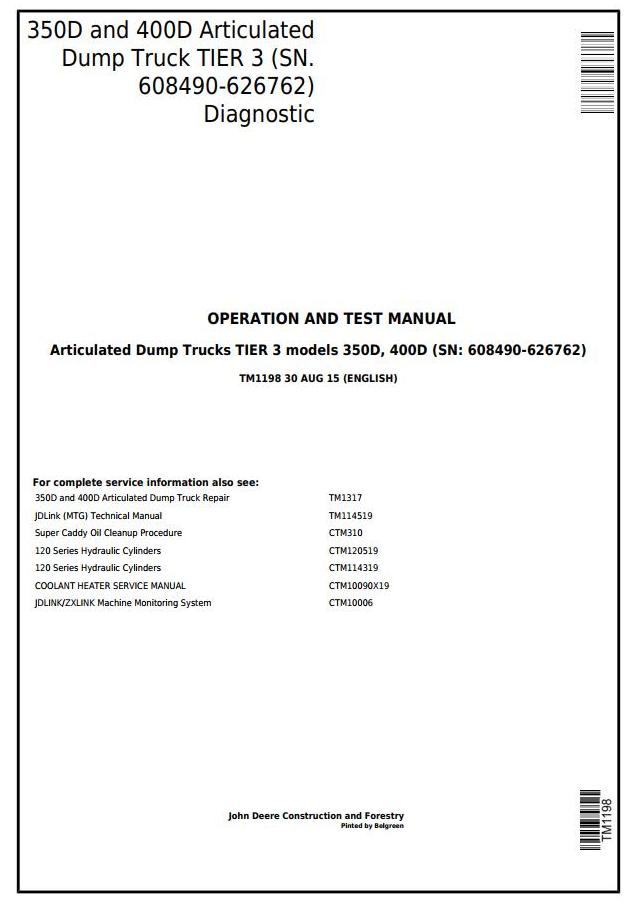 John Deere 350D 400D Articulated Dump Truck Operation Test Manual TM1198