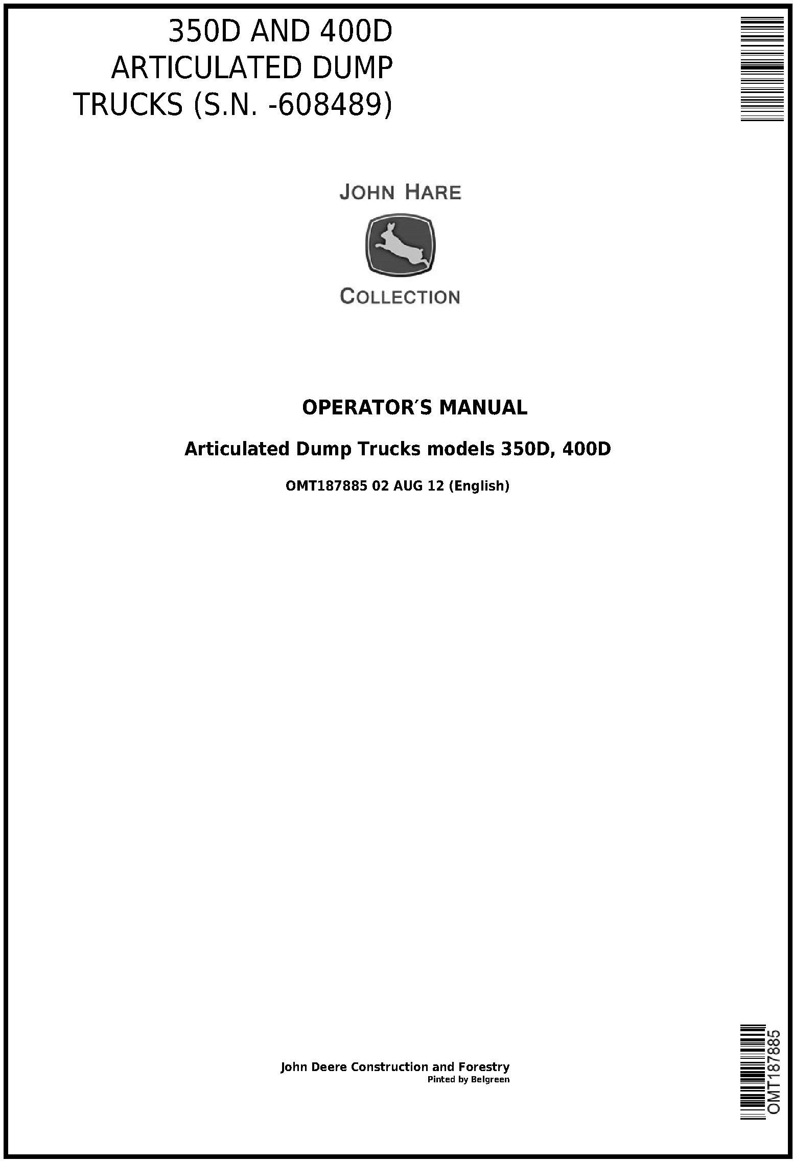 John Deere 350D 400D Articulated Dump Truck Operator Manual OMT187885