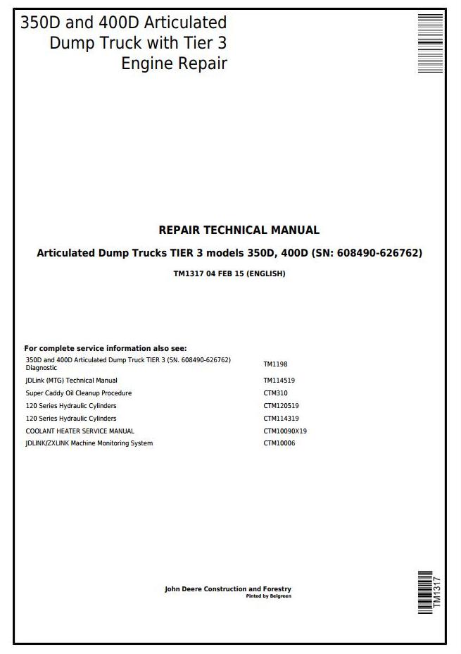 John Deere 350D 400D Articulated Dump Truck Repair Technical Manual TM1317