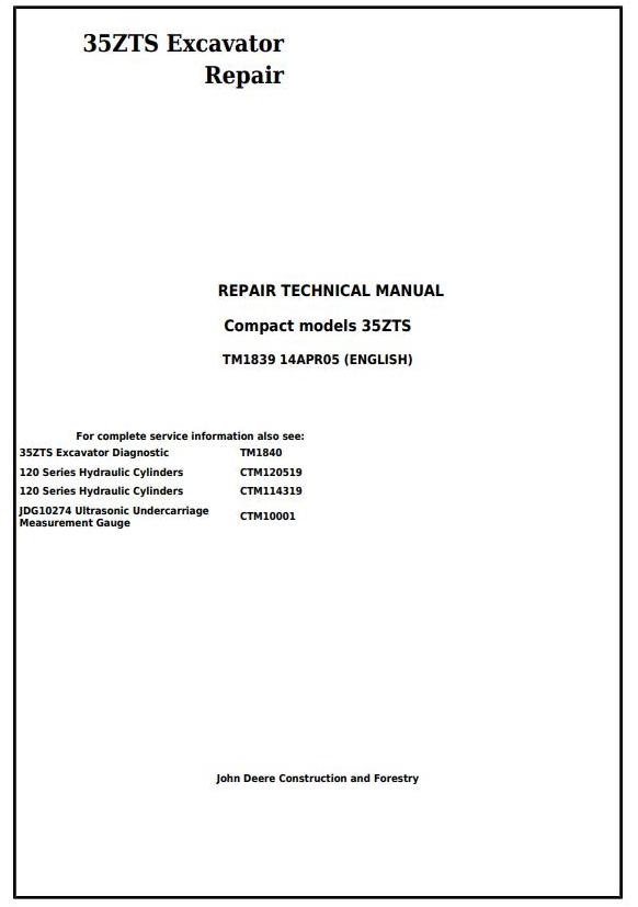 John Deere 35ZTS Excavator Repair Technical Manual TM1839