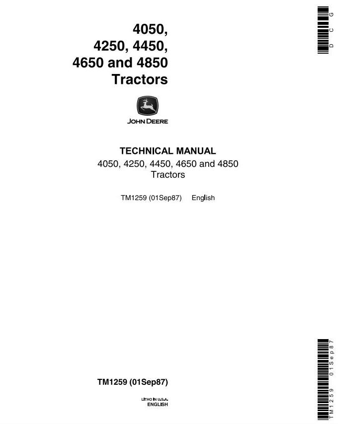 John Deere 4050 4250 4450 4650 4850 Tractor Technical Manual TM1259