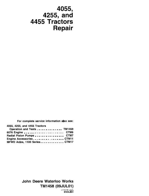 John Deere 4055 4255 4455 Tractor Repair Technical Manual TM1458