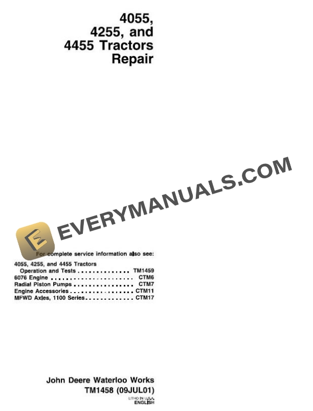 John Deere 4055 4255 4455 Tractor Repair Technical Manual TM1458