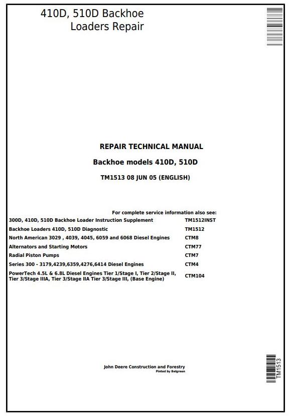 John Deere 410D 510D Backhoe Loader Repair Technical Manual TM1513