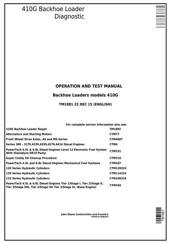 John Deere 410G Backhoe Loader Diagnostic Operation Test Manual TM1881