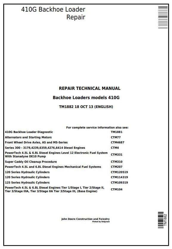 John Deere 410G Backhoe Loader Repair Technical Manual TM1882