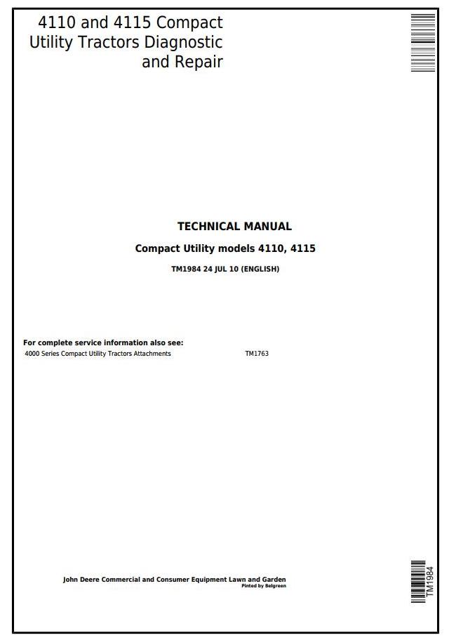 John Deere 4110 4115 Compact Utility Tractor Diagnostic Repair Technical Manual TM1984