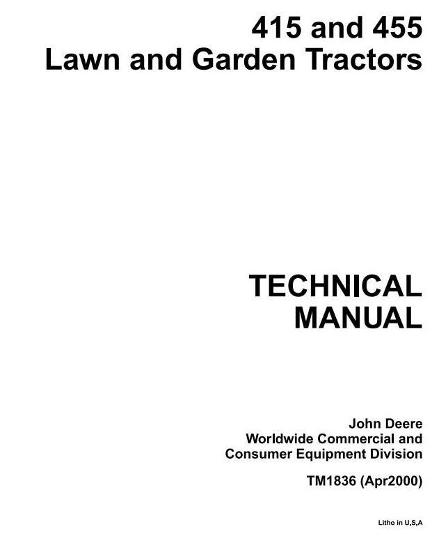 John Deere 415 455 Lawn Garden Tractor Technical Manual TM1836