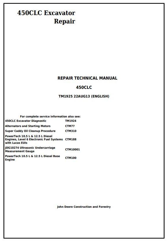 John Deere 450CLC Excavator Repair Technical Manual TM1925