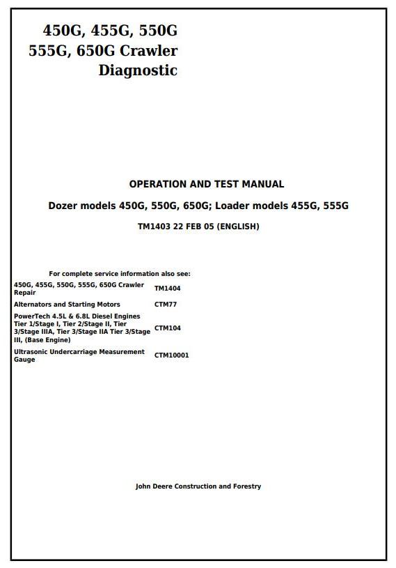 John Deere 450G 455G 550G 555G 650G Crawler Dozer Loader Operation Test Manual TM1403