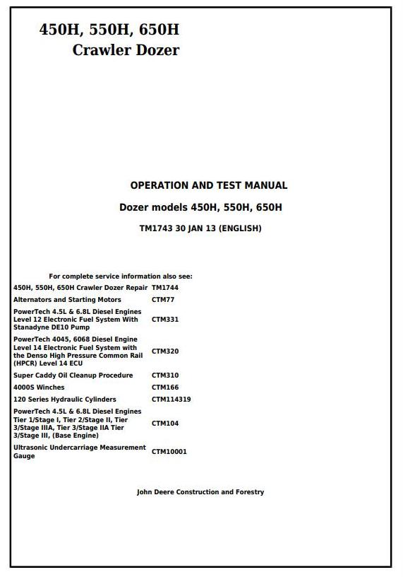 John Deere 450H 550H 650H Crawler Dozer Operation Test Manual TM1743