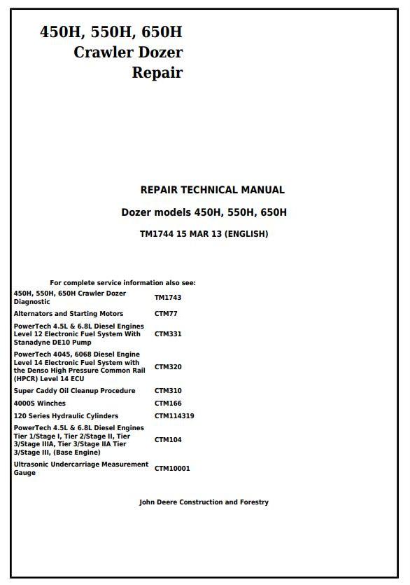 John Deere 450H 550H 650H Crawler Dozer Repair Technical Manual TM1744