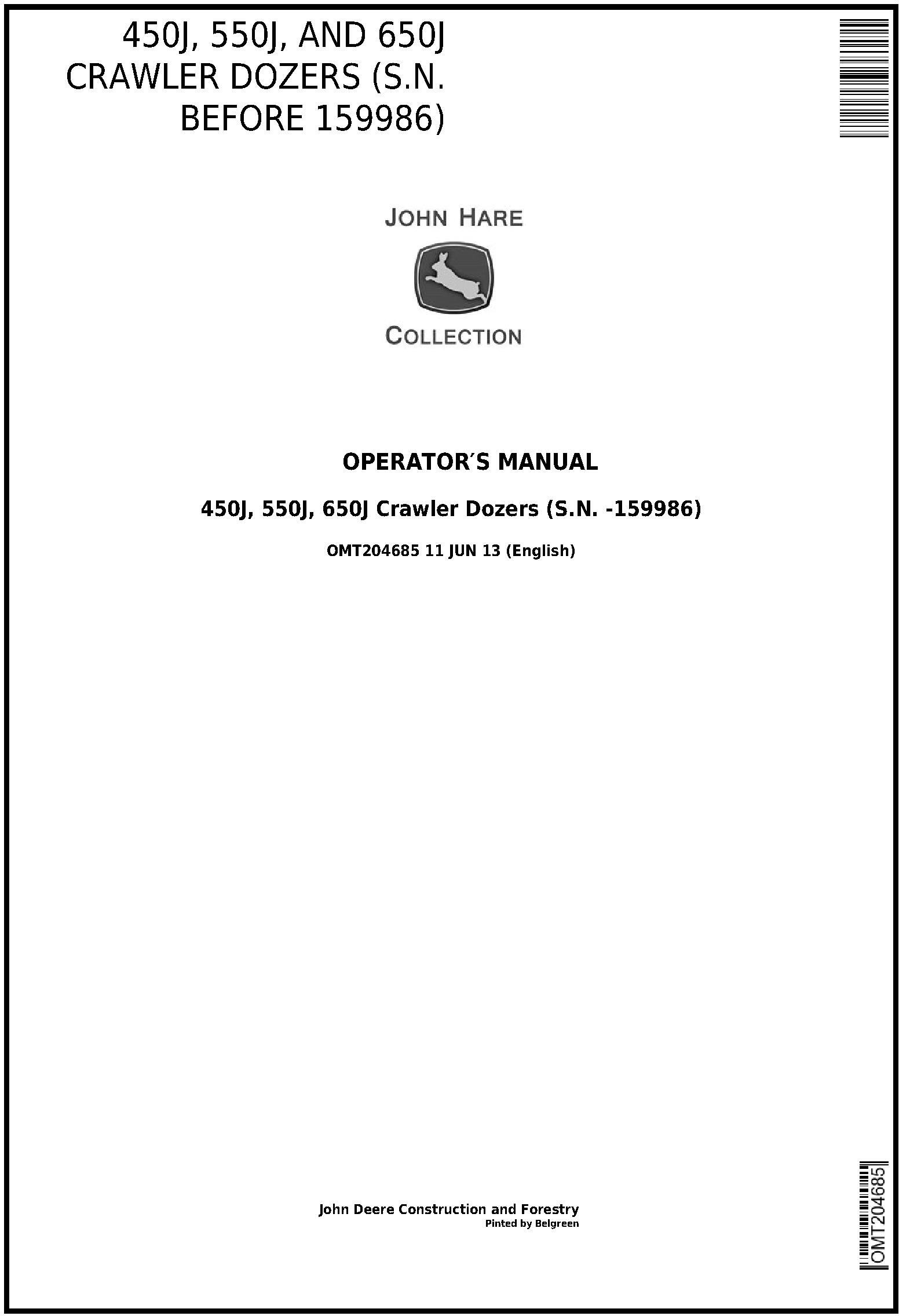 John Deere 450J 550J 650J Crawler Dozer Operator Manual OMT204685