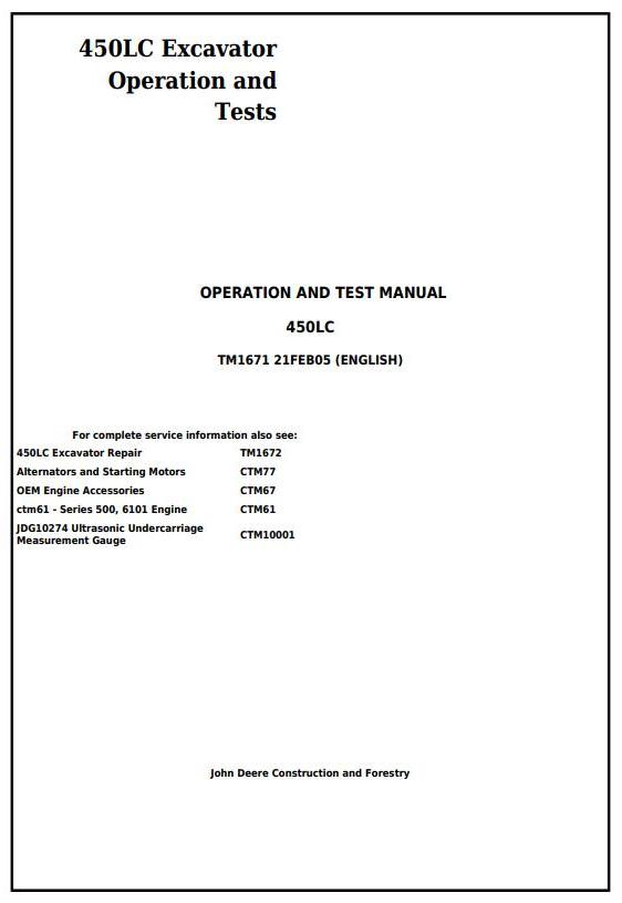 John Deere 450LC Excavator Operation Test Manual TM1671