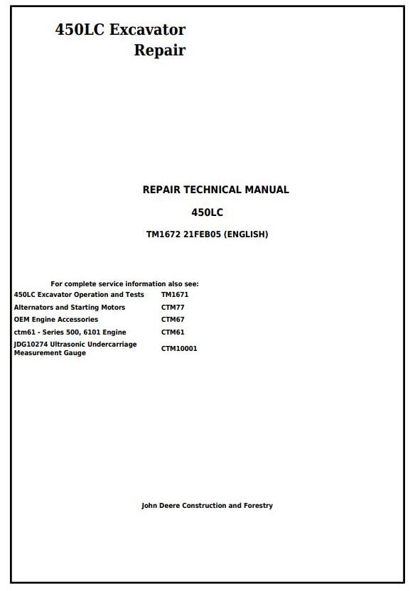 John Deere 450LC Excavator Repair Technical Manual TM1672
