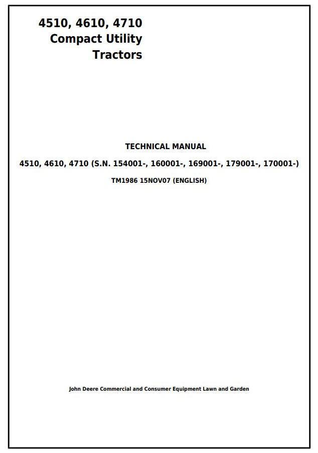 John Deere 4510 4610 4710 Compact Utility Tractor Technical Manual TM1986