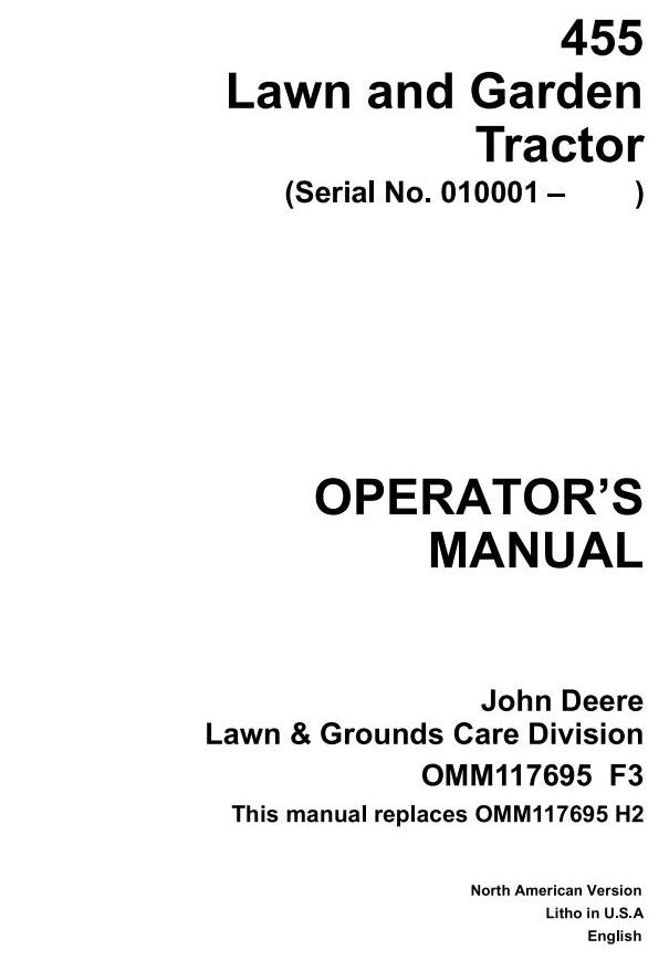 John Deere 455 Lawn Garden Tractor Operator Manual OMM117695F3