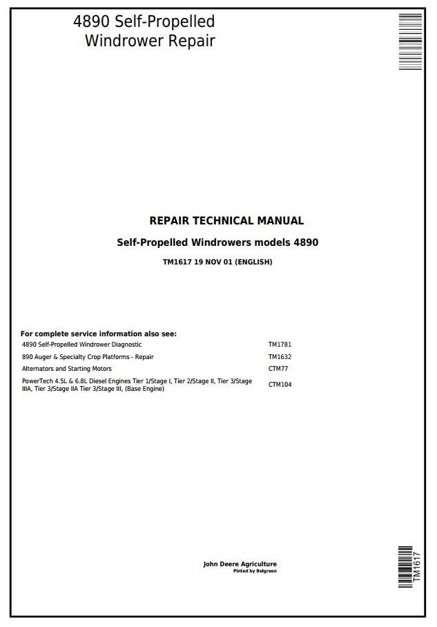 John Deere 4890 Self-Propelled Windrower Repair Technical Manual TM1617
