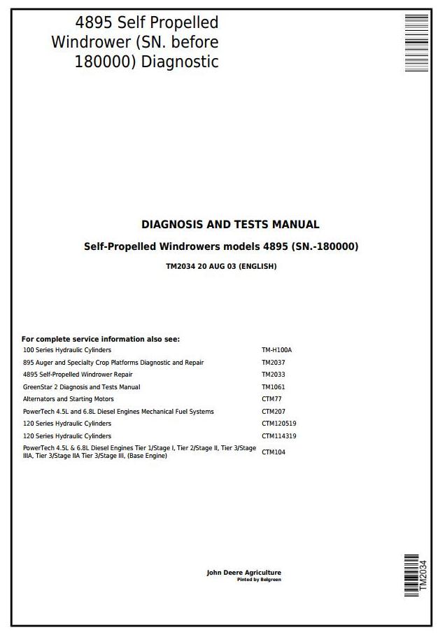 John Deere 4895 Self Propelled Windrower Diagnosis Test Manual TM2034