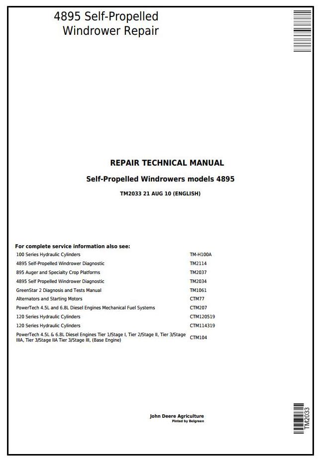 John Deere 4895 Self-Propelled Windrower Repair Technical Manual TM2033