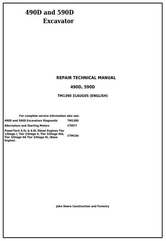 John Deere 490D 590D Excavator Repair Technical Manual TM1390