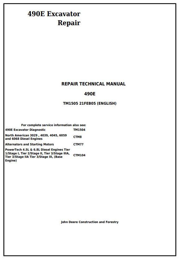John Deere 490E Excavator Repair Technical Manual TM1505