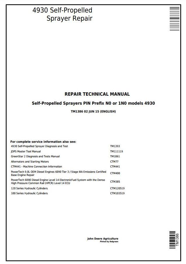 John Deere 4930 Self-Propelled Sprayers Repair Technical Manual TM1386