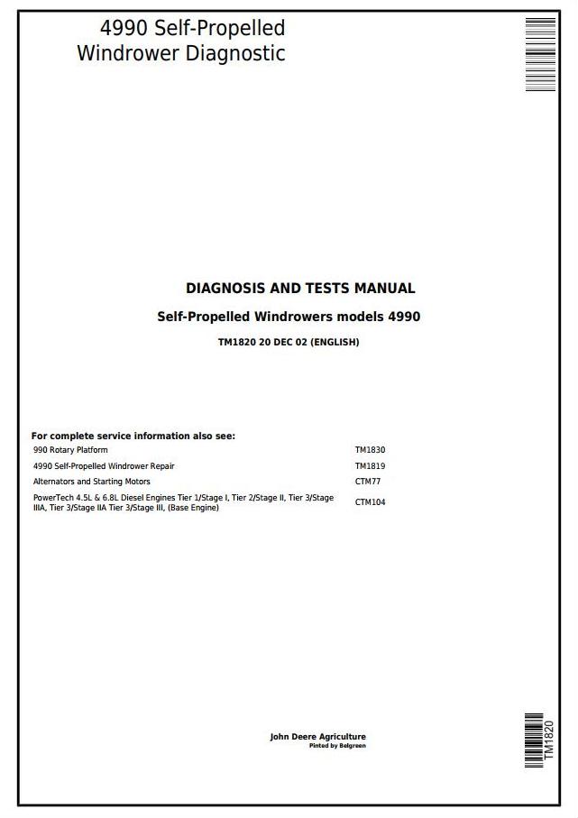 John Deere 4990 Self-Propelled Windrower Diagnosis Tests Manual TM1820
