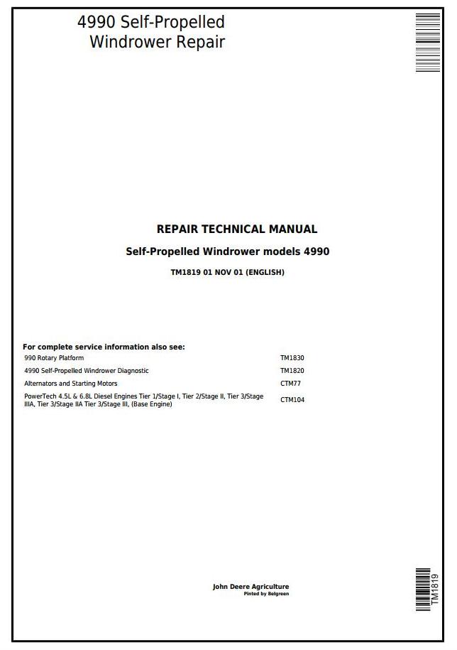 John Deere 4990 Self-Propelled Windrower Repair Technical Manual TM1819