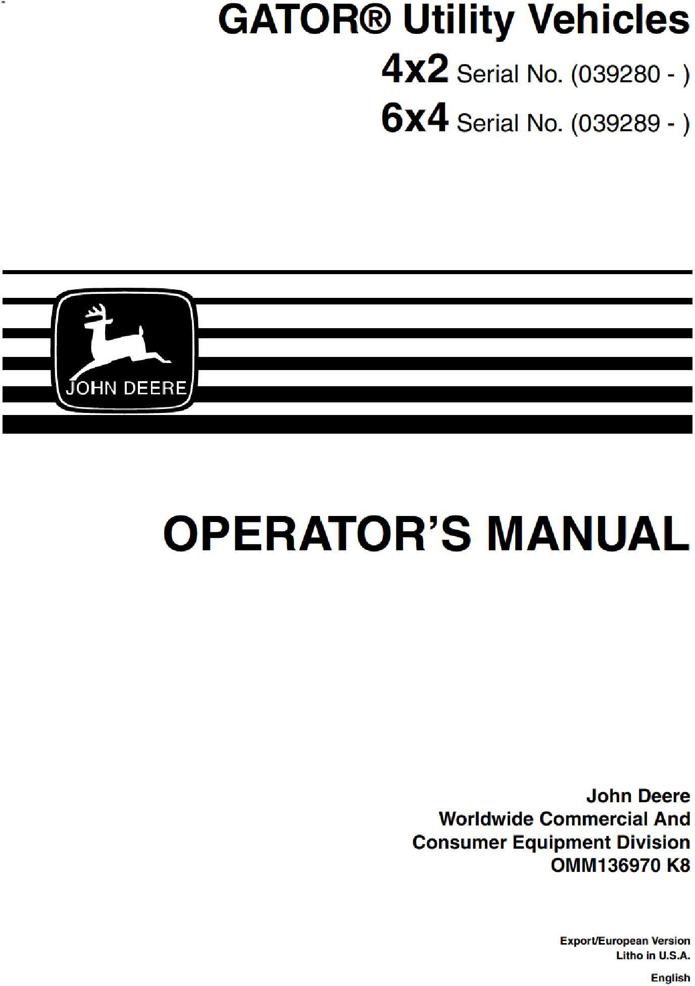 John Deere 4×2 6×4 Gator Trail Utility Vehicles Operator Manual OMM136970