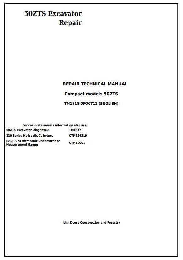 John Deere 50ZTS Excavator Repair Technical Manual TM1818