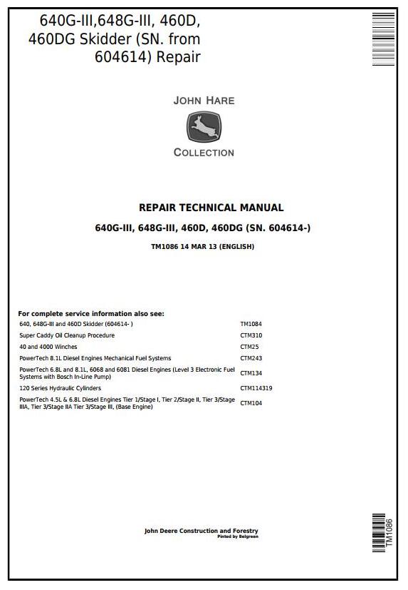 John Deere 640G-III 648G-III 460D 460DG Skidder Repair Technical Manual TM1086