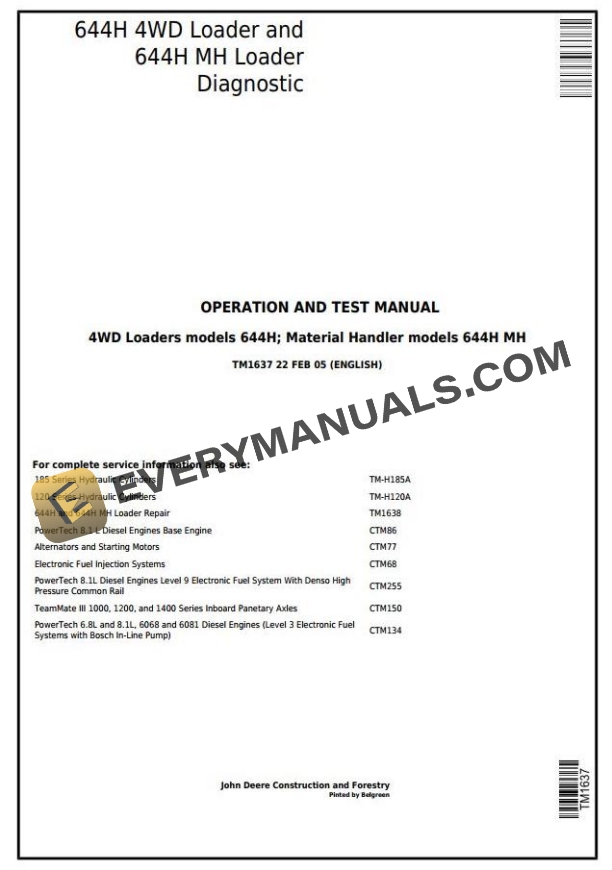 John Deere 644H 4WD 644H MH Material Handler Loader Diagnostic ...