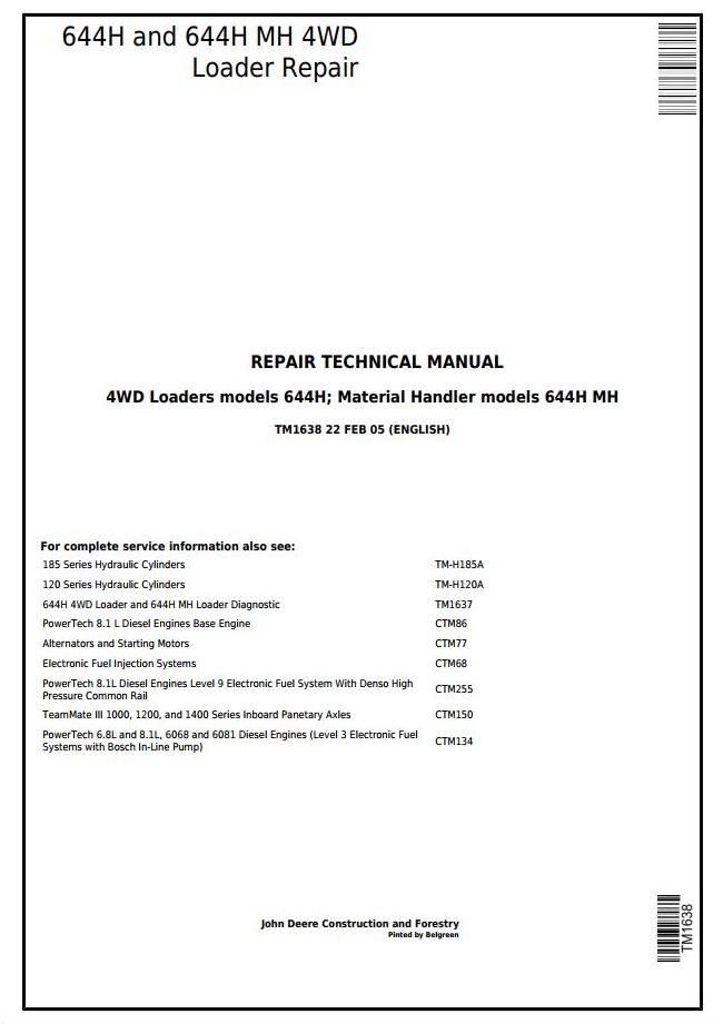 John Deere 644H 4WD 644H MH Material Handler Loader Repair Technical Manual TM1638