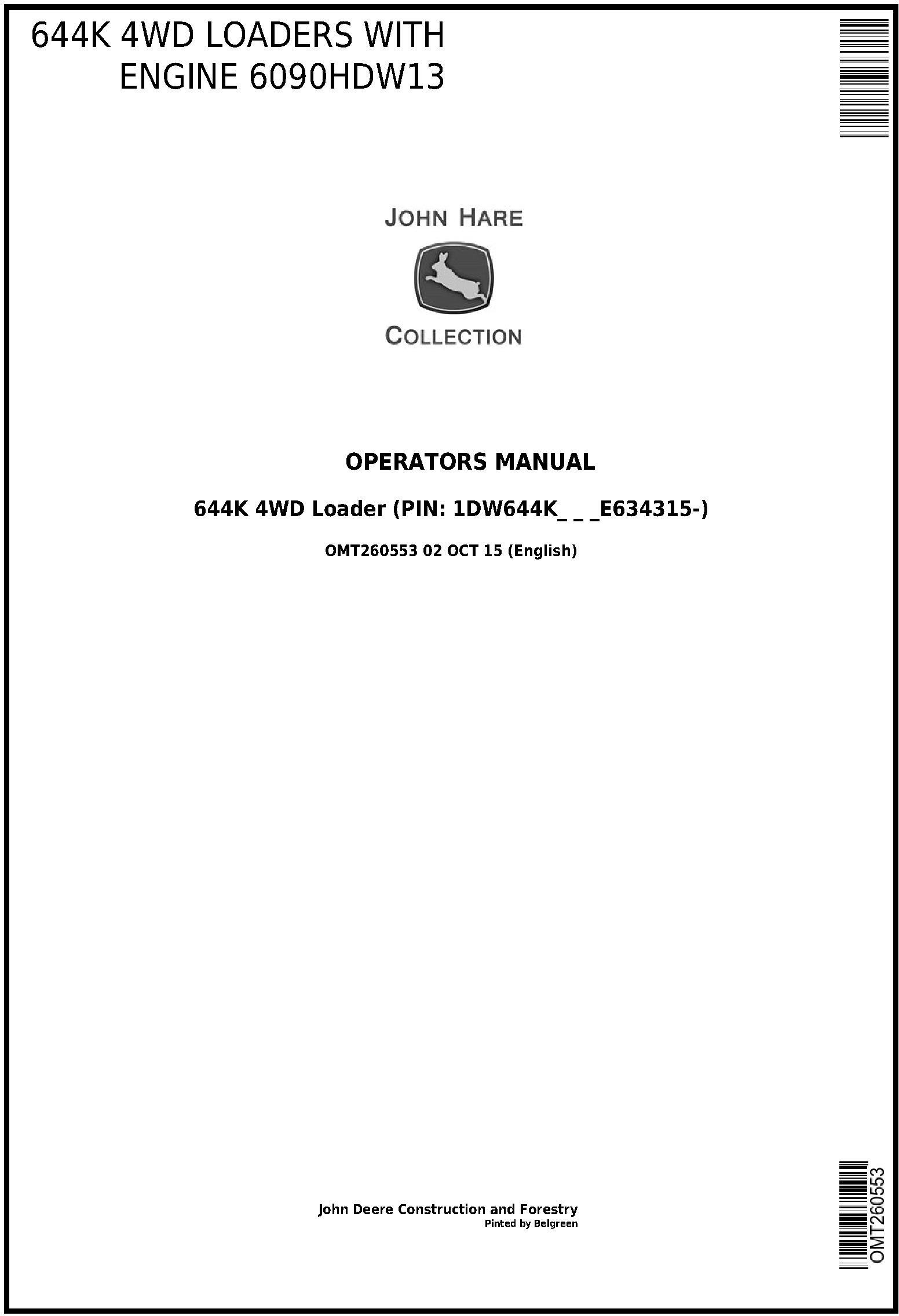 John Deere 644K 4WD Engine 6090HDW13 Loader Operator Manual OMT260553