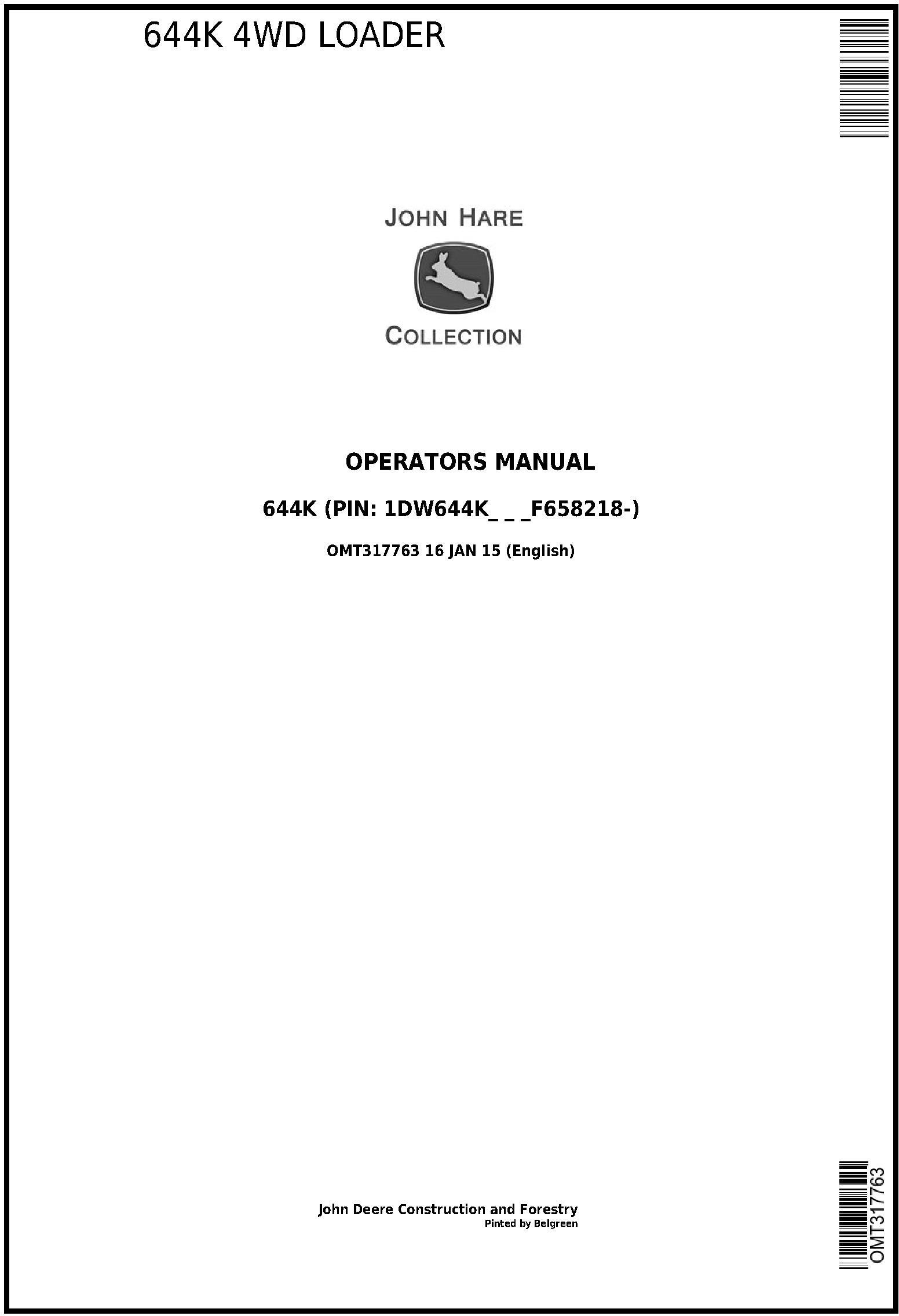 John Deere 644K 4WD Loader Operator Manual OMT317763