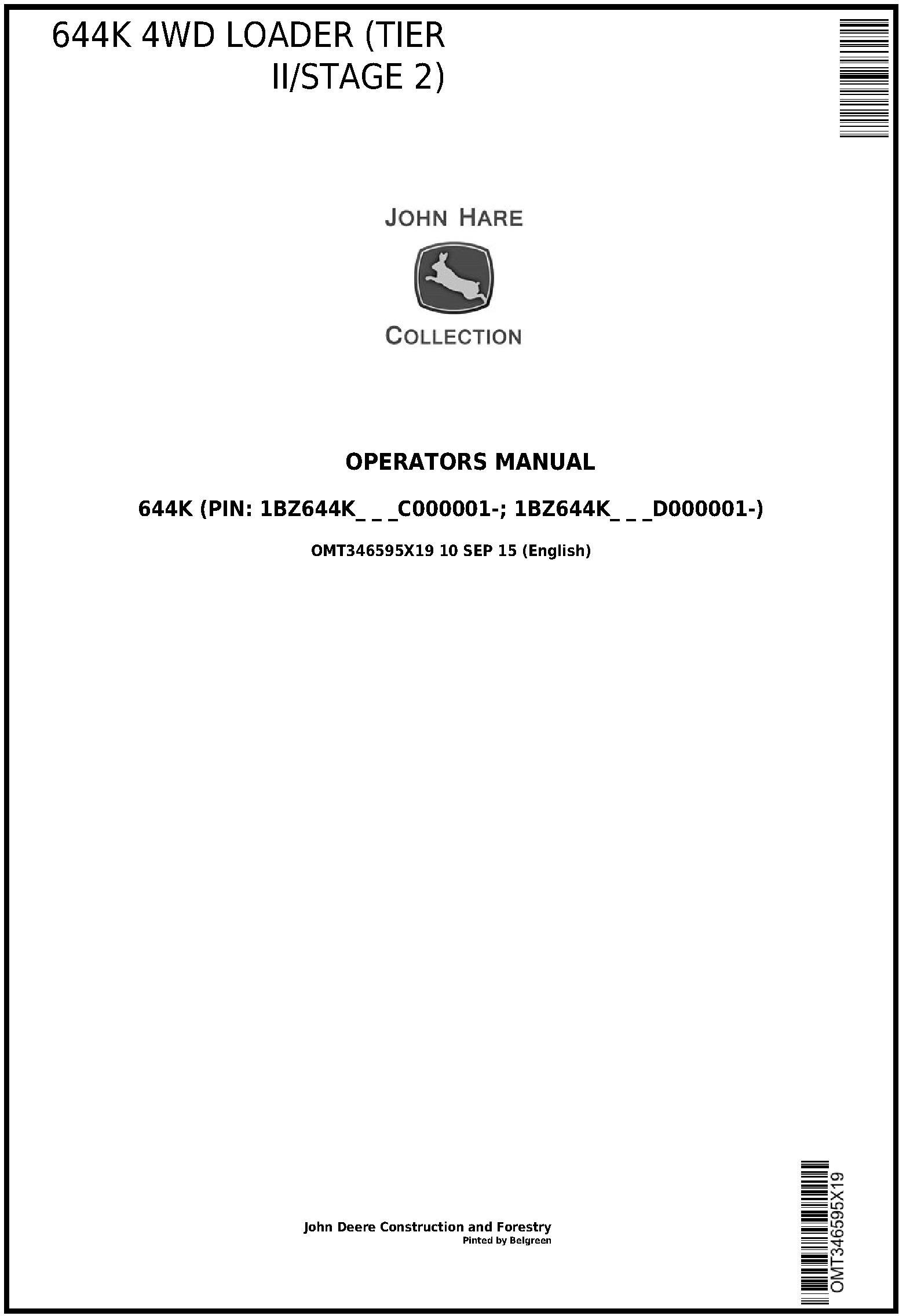 John Deere 644K T2 S2 4WD Loader Operator Manual OMT346595X19